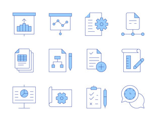 Project icons. Line Duotone style, editable stroke. physics, project, project plan, blueprint, coordination, file, clipboard, document, new project, presentation, projection