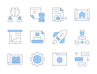 Project icons. Line Duotone style, editable stroke. plan, prioritize, project management, technical drawing, time, time management, settings, startup, target, brain, data analysis, file