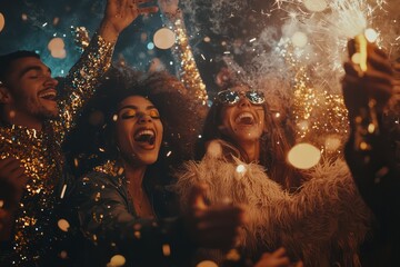 Group celebrating New Year's Eve, captured in high-res lifestyle photo.