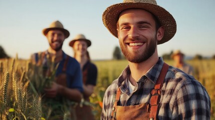 Team of farmers harvesting crops together with joy