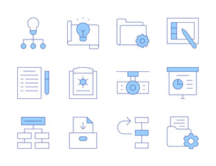 Project icons. Line Duotone style, editable stroke. presentation, project, report, idea, graphic tablet, projector, priority, settings, briefing, delegate