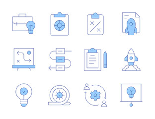 Project icons. Line Duotone style, editable stroke. strategy, deployment, outsourcing, idea, business idea, presentation, project launch, sprint, target, workflow, research