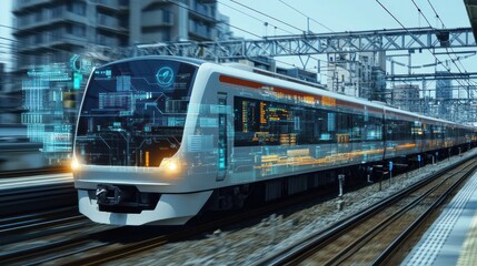Fototapeta premium Train rail network engineering illustrated by virtual data panels used by engineers for smart transportation control