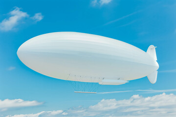 A white blimp without any markings, a blank canvas or banner space with a blue sky in the background. A lighter than air ship flying high with room to put your own ad.