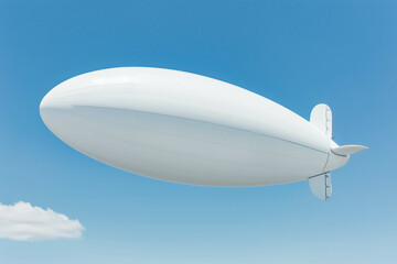 Fototapeta premium A white blimp without any markings, a blank canvas or banner space with a blue sky in the background. A lighter than air ship flying high with room to put your own ad.