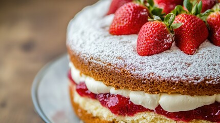 Close up of classic victoria sponge cake with cream and strawberry filling