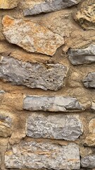 Close-up of a stone wall with rough texture and weathered appearance.