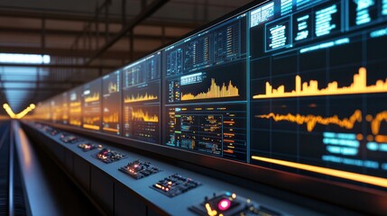 Train rail network engineering illustrated by virtual data panels used by engineers for smart transportation control
