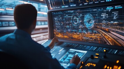 Virtual interface engineering concept for transportation, with engineers controlling electric train systems and smart railway technology