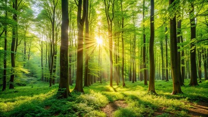 Sunlight Filtering Through a Canopy of Green Trees, Illuminating the Forest Floor with Golden Rays