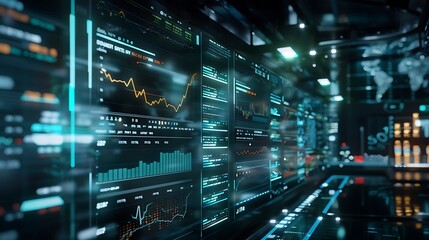 Fototapeta premium A digital dashboard displaying data analytics and financial graphs in a high-tech environment.
