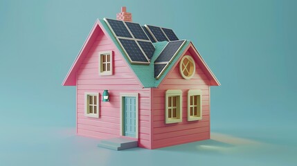 A pink house with solar panels, showcasing sustainable energy and modern architecture.