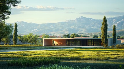 Serene Green Grassland with Distant Mountains and Trees