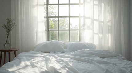A Serene Morning in a Sunlit Bedroom Embracing the Calmness of Natural Light and Cozy Textiles