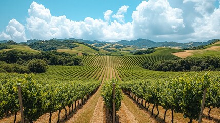 Fototapeta premium Expansive Vineyard Under Bright Blue Sky