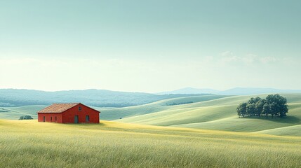 Minimalistic Grassy Landscape with Red House