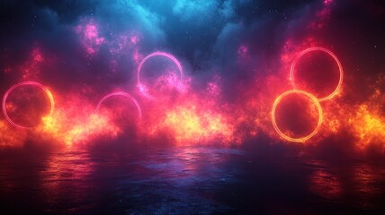 Vibrant cosmic scene with glowing rings and fiery clouds.
