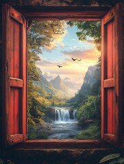 Scenic Tropical Waterfall View Through Rustic Wooden Window at Sunset