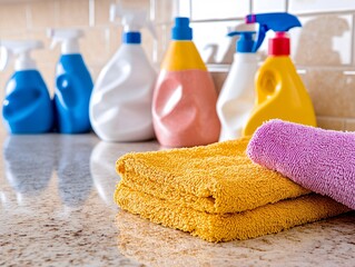 Colorful Towels and Cleaning Supplies on a Countertop