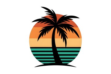 Obraz premium Summer sunset tropical beach line art vector illustration, hand drawn sunset and sunrise outline landscape tropical beach, palm tree with sunset waves Nature 
