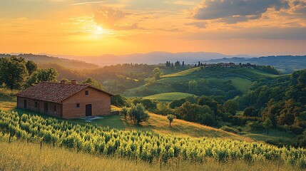 Obraz premium Tranquil Sunset Over Rolling Grassland with Winery