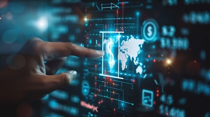 Fototapeta premium A hand interacts with a digital interface displaying financial data and a world map.
