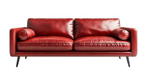 Red Leather Sofa with Pillows and Wooden Legs Isolated on White Background isolated on transparent png