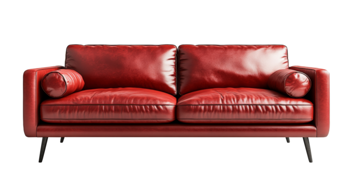Red Leather Sofa with Pillows and Wooden Legs Isolated on White Background isolated on transparent png