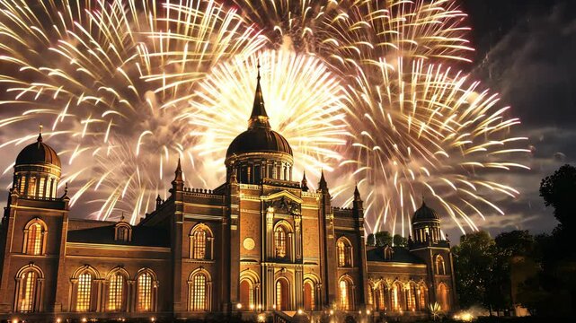 Fireworks explode over a large, brick building during a nighttime celebration