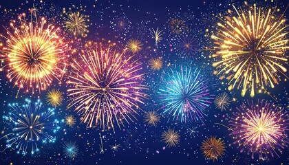 Naklejka premium Vibrant fireworks in the twilight sky, perfect for New Year or Independence Day.