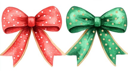 Red and Green Polka Dot Watercolor Bows with Gold Glitter