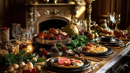 Fototapeta premium A beautifully set dining table adorned with an array of festive foods and decorations.
