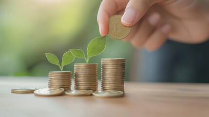 Hand stacking coins next to a plant growing, symbolizing financial growth.