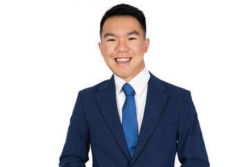 A young man is smiling happily in a suit and tie