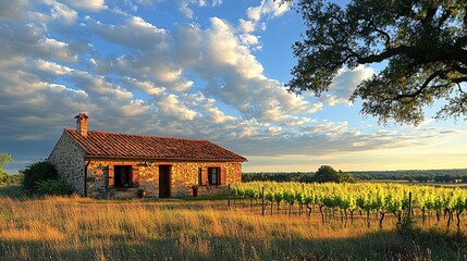 Fototapeta premium Tranquil Winery Amidst Grassy Plains at Dusk