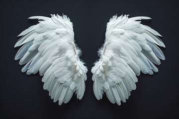 Angel wings isolated on the black background, fantasy feather wings for fashion design, cosplay and dress up party.