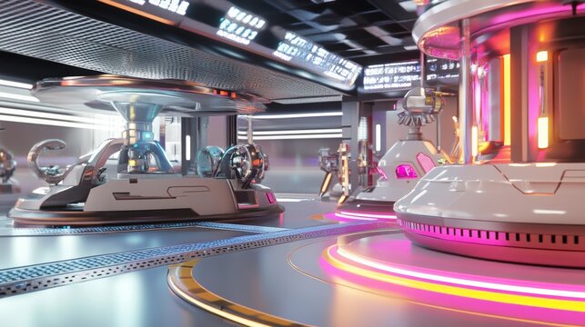 A futuristic robotic amusement park with thrill rides operated by robotic attendants, Theme park style, photo of