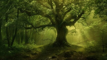 Obraz premium Enchanted Forest with Ancient Tree and Sunbeams