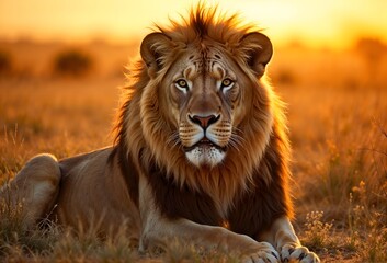 Obraz premium Majestic Lion Sitting in Grass at Sunset with Golden Hue