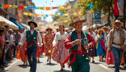 Obraz premium Joyful celebration with people walking down the street covered in colorful confetti