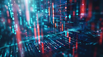 Obraz premium Abstract digital data visualization with vibrant colors and patterns representing technology and information flow.