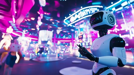 A futuristic robotic carnival with AI entertainers, virtual reality theme park setting, Entertainment style