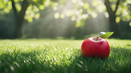 A bright red apple rests on lush green grass, illuminated by soft sunlight.