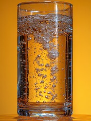 Close-up of Refreshing Sparkling Water Glass with Bubbling Carbonation Against Vibrant Orange Background Perfect for Beverage Advertising and Hydration Themes