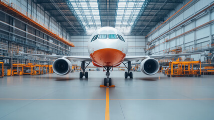 A large airplane in a spacious hangar, showcasing modern aviation technology and equipment, with bright overhead lights illuminating the scene.