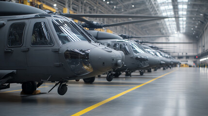 A line of military helicopters in a spacious hangar, showcasing modern aviation technology and engineering. Industrial environment with detailed design.