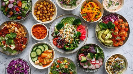 A vibrant assortment of fresh salads and vegetables arranged in bowls, showcasing healthy eating options.