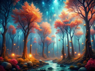 Naklejka premium Mystical, otherworldly coral forest, where trees have glowing, crystalline trunks and leaves that shimmer like stardust.