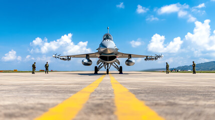 A military jet positioned on a runway, flanked by personnel against a clear blue sky, symbolizing strength and precision in aviation.