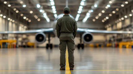 A military personnel stands focused in an aircraft hangar, observing a large jet aircraft, illuminated by bright workshop lights.